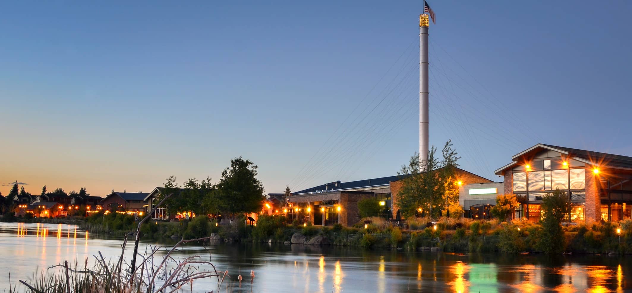 Old Mill District at night along the Deschutes River in Bend Oregon